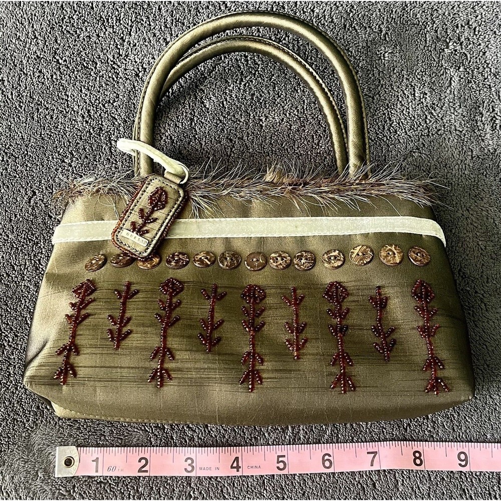 Guess Y2K Button Beaded Mixed Media Mini Handbag Green NWOT - Picture 4 of 6